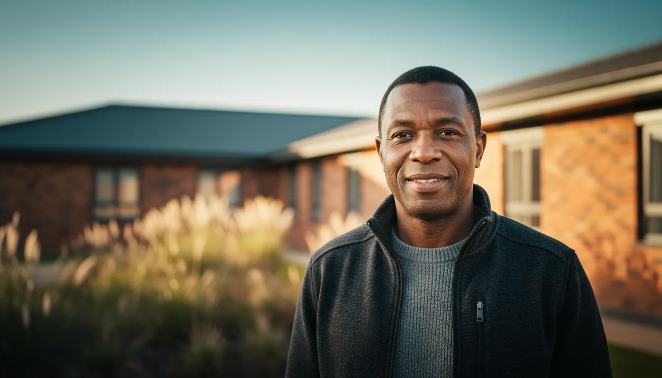 An experienced healthcare worker standing outside a modern care home in warm golden-hour light