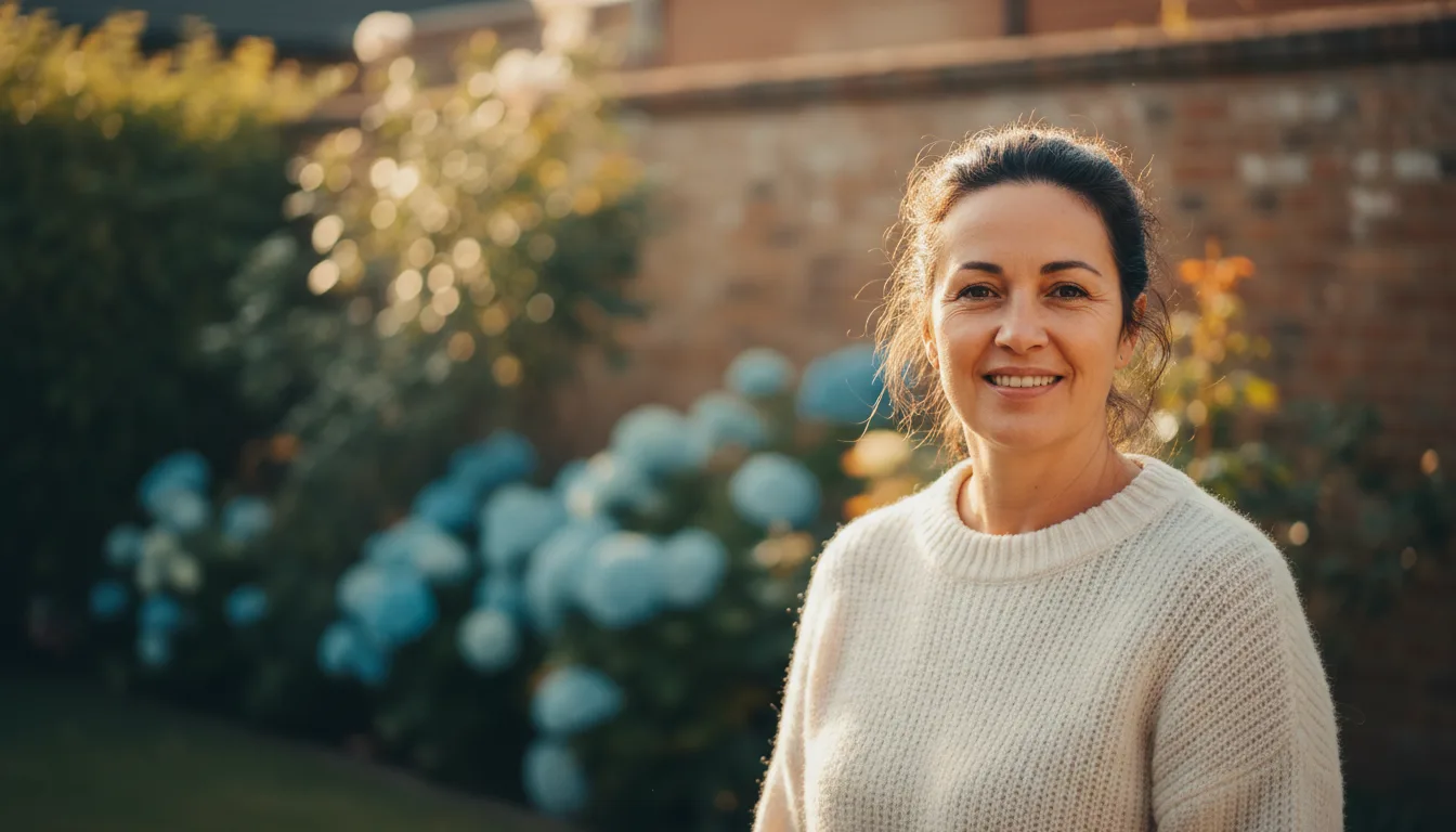 A smiling care worker in her forties outdoors in the garden of a care home, warm golden-hour light