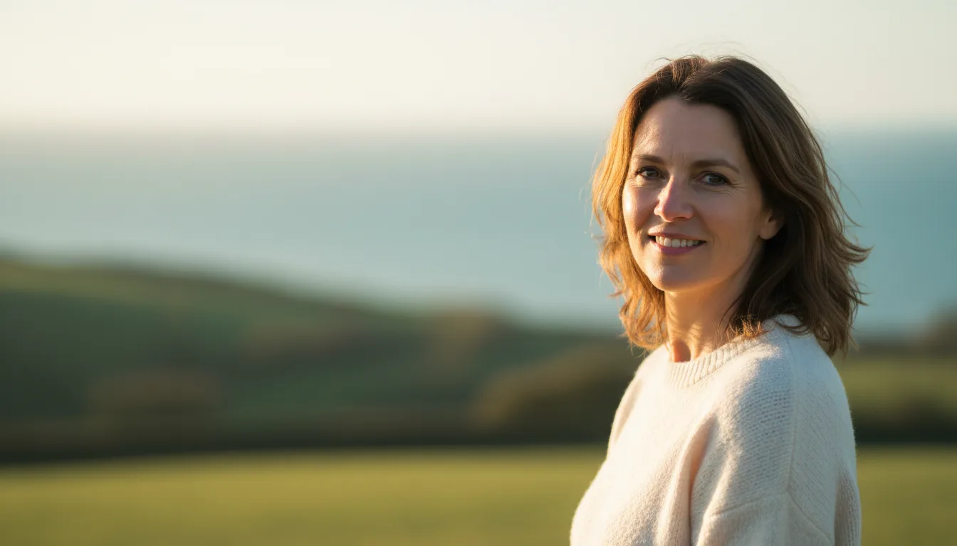 Smiling woman in a casual cream jumper standing in soft golden-hour light with green countryside and coastal light behind her
